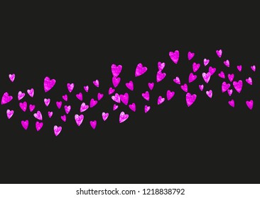 Wedding confetti with pink glitter hearts. Valentines day. Vector background. Hand drawn texture. Love theme for voucher, special business banner. Wedding confetti template with hearts.