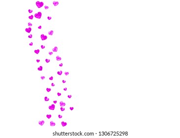 Wedding confetti with pink glitter hearts. Valentines day. Vector background. Hand drawn texture. Love theme for voucher, special business banner. Wedding confetti template with hearts.