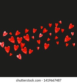 Wedding confetti with pink glitter hearts. Valentines day. Vector background. Hand drawn texture. Love theme for poster, gift certificate, banner. Wedding confetti template with hearts.