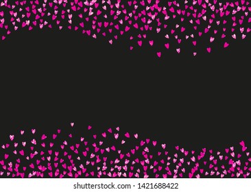 Wedding confetti with pink glitter hearts. Valentines day. Vector background. Hand drawn texture. Love theme for gift coupons, vouchers, ads, events. Wedding confetti template with hearts.