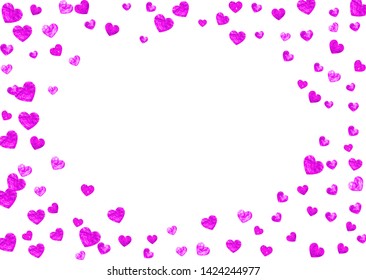 Wedding confetti with pink glitter hearts. Valentines day. Vector background. Hand drawn texture. Love theme for voucher, special business banner. Wedding confetti template with hearts.