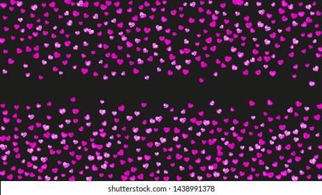 Wedding confetti with pink glitter hearts. Valentines day. Vector background. Hand drawn texture. Love theme for voucher, special business banner. Wedding confetti template with hearts.