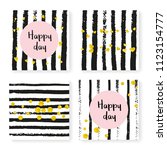 Wedding confetti with stripes. Invitation set. Gold hearts and dots on black and white background. Design with wedding confetti for party, event, bridal shower, save the date card.