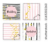 Wedding confetti with stripes. Invitation set. Gold hearts and dots on black and pink background. Template with wedding confetti for party, event, bridal shower, save the date card.