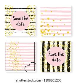 Wedding confetti with stripes. Invitation set. Gold hearts and dots on black and pink background. Template with wedding confetti for party, event, bridal shower, save the date card.