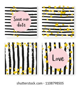 Wedding confetti with stripes. Invitation set. Gold hearts and dots on black and white background. Design with wedding confetti for party, event, bridal shower, save the date card.