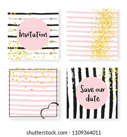 Wedding confetti with stripes. Invitation set. Gold hearts and dots on black and pink background. Design with wedding confetti for party, event, bridal shower, save the date card.