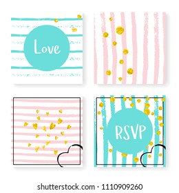Wedding confetti with stripes. Invitation set. Gold hearts and dots on pink and mint background. Design with wedding confetti for party, event, bridal shower, save the date card.