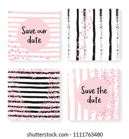 Wedding confetti with stripes. Invitation set. Pink hearts and dots on black and pink background. Design with wedding confetti for party, event, bridal shower, save the date card.