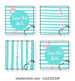 Wedding confetti with stripes. Invitation set. Pink hearts and dots on mint and white background. Design with wedding confetti for party, event, bridal shower, save the date card.