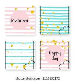Wedding confetti with stripes. Invitation set. Gold hearts and dots on pink and mint background. Template with wedding confetti for party, event, bridal shower, save the date card.