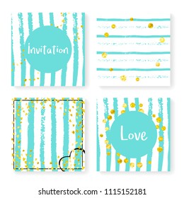 Wedding confetti with stripes. Invitation set. Gold hearts and dots on mint and white background. Design with wedding confetti for party, event, bridal shower, save the date card.