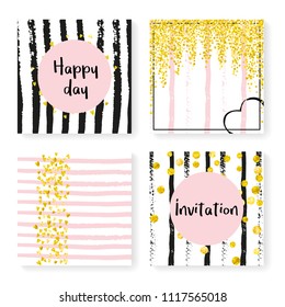 Wedding confetti with stripes. Invitation set. Gold hearts and dots on black and pink background. Design with wedding confetti for party, event, bridal shower, save the date card.