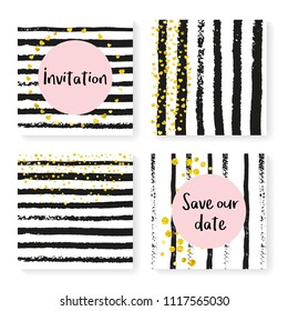 Wedding confetti with stripes. Invitation set. Gold hearts and dots on black and white background. Design with wedding confetti for party, event, bridal shower, save the date card.