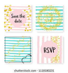 Wedding confetti with stripes. Invitation set. Gold hearts and dots on pink and mint background. Design with wedding confetti for party, event, bridal shower, save the date card.