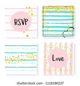 Wedding confetti with stripes. Invitation set. Gold hearts and dots on pink and mint background. Template with wedding confetti for party, event, bridal shower, save the date card.