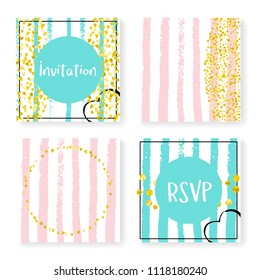 Wedding confetti with stripes. Invitation set. Gold hearts and dots on pink and mint background. Template with wedding confetti for party, event, bridal shower, save the date card.