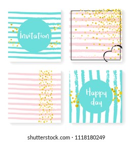 Wedding confetti with stripes. Invitation set. Gold hearts and dots on pink and mint background. Template with wedding confetti for party, event, bridal shower, save the date card.