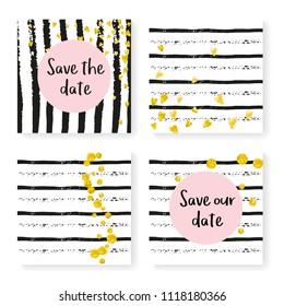 Wedding confetti with stripes. Invitation set. Gold hearts and dots on black and white background. Template with wedding confetti for party, event, bridal shower, save the date card.