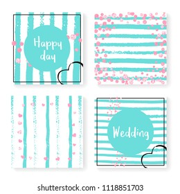 Wedding confetti with stripes. Invitation set. Pink hearts and dots on mint and white background. Design with wedding confetti for party, event, bridal shower, save the date card.