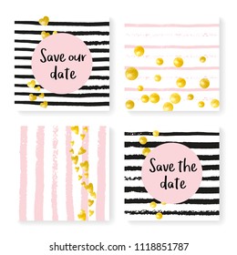 Wedding confetti with stripes. Invitation set. Gold hearts and dots on black and pink background. Template with wedding confetti for party, event, bridal shower, save the date card.