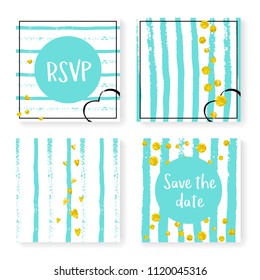 Wedding confetti with stripes. Invitation set. Gold hearts and dots on mint and white background. Template with wedding confetti for party, event, bridal shower, save the date card.
