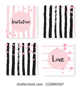 Wedding confetti with stripes. Invitation set. Pink hearts and dots on black and pink background. Design with wedding confetti for party, event, bridal shower, save the date card.