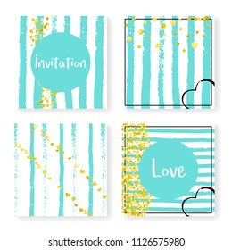 Wedding confetti with stripes. Invitation set. Gold hearts and dots on mint and white background. Template with wedding confetti for party, event, bridal shower, save the date card.