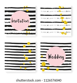 Wedding confetti with stripes. Invitation set. Gold hearts and dots on black and white background. Template with wedding confetti for party, event, bridal shower, save the date card.