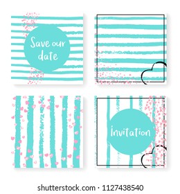 Wedding confetti with stripes. Invitation set. Pink hearts and dots on mint and white background. Design with wedding confetti for party, event, bridal shower, save the date card.