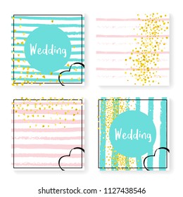 Wedding confetti with stripes. Invitation set. Gold hearts and dots on pink and mint background. Design with wedding confetti for party, event, bridal shower, save the date card.