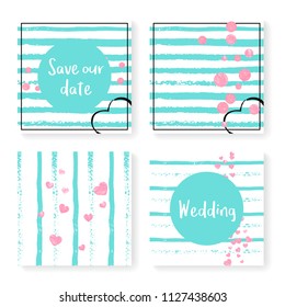 Wedding confetti with stripes. Invitation set. Pink hearts and dots on mint and white background. Template with wedding confetti for party, event, bridal shower, save the date card.