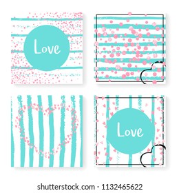 Wedding confetti with stripes. Invitation set. Pink hearts and dots on mint and white background. Design with wedding confetti for party, event, bridal shower, save the date card.