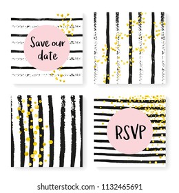 Wedding confetti with stripes. Invitation set. Gold hearts and dots on black and white background. Design with wedding confetti for party, event, bridal shower, save the date card.