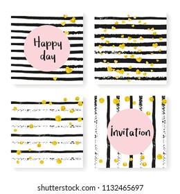 Wedding confetti with stripes. Invitation set. Gold hearts and dots on black and white background. Template with wedding confetti for party, event, bridal shower, save the date card.