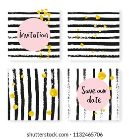 Wedding confetti with stripes. Invitation set. Gold hearts and dots on black and white background. Design with wedding confetti for party, event, bridal shower, save the date card.