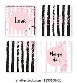 Contenti casero con rayas. Juego de invitaciones. Corazones y puntos rosas sobre fondo negro y rosa. Plantilla con confeti de boda para fiesta, evento, ducha de novia, guardar la tarjeta de fecha.