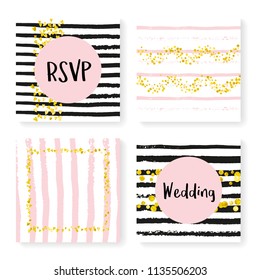 Wedding confetti with stripes. Invitation set. Gold hearts and dots on black and pink background. Template with wedding confetti for party, event, bridal shower, save the date card.