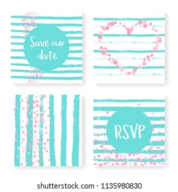 Wedding confetti with stripes. Invitation set. Pink hearts and dots on mint and white background. Template with wedding confetti for party, event, bridal shower, save the date card.