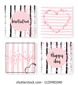 Wedding confetti with stripes. Invitation set. Pink hearts and dots on black and pink background. Template with wedding confetti for party, event, bridal shower, save the date card.