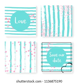 Wedding confetti with stripes. Invitation set. Pink hearts and dots on mint and white background. Template with wedding confetti for party, event, bridal shower, save the date card.