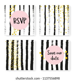 Wedding confetti with stripes. Invitation set. Gold hearts and dots on black and white background. Template with wedding confetti for party, event, bridal shower, save the date card.