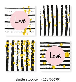 Wedding confetti with stripes. Invitation set. Gold hearts and dots on black and white background. Design with wedding confetti for party, event, bridal shower, save the date card.