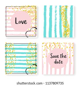 Wedding confetti with stripes. Invitation set. Gold hearts and dots on pink and mint background. Design with wedding confetti for party, event, bridal shower, save the date card.