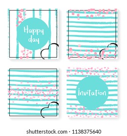 Wedding confetti with stripes. Invitation set. Pink hearts and dots on mint and white background. Design with wedding confetti for party, event, bridal shower, save the date card.