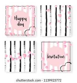 Wedding confetti with stripes. Invitation set. Pink hearts and dots on black and pink background. Design with wedding confetti for party, event, bridal shower, save the date card.