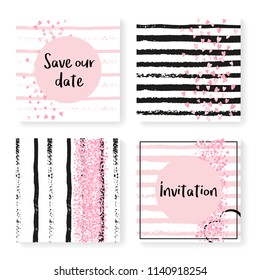 Wedding confetti with stripes. Invitation set. Pink hearts and dots on black and pink background. Design with wedding confetti for party, event, bridal shower, save the date card.