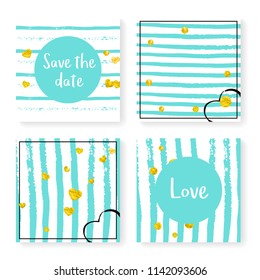 Wedding confetti with stripes. Invitation set. Gold hearts and dots on mint and white background. Template with wedding confetti for party, event, bridal shower, save the date card.