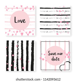 Wedding confetti with stripes. Invitation set. Pink hearts and dots on black and pink background. Template with wedding confetti for party, event, bridal shower, save the date card.