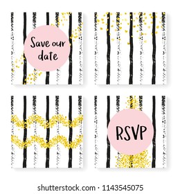 Wedding confetti with stripes. Invitation set. Gold hearts and dots on black and white background. Design with wedding confetti for party, event, bridal shower, save the date card.